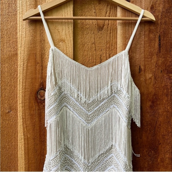 White and Beige Sequin Fringe Flapper Mini Dress 🌿 - Picture 4 of 16